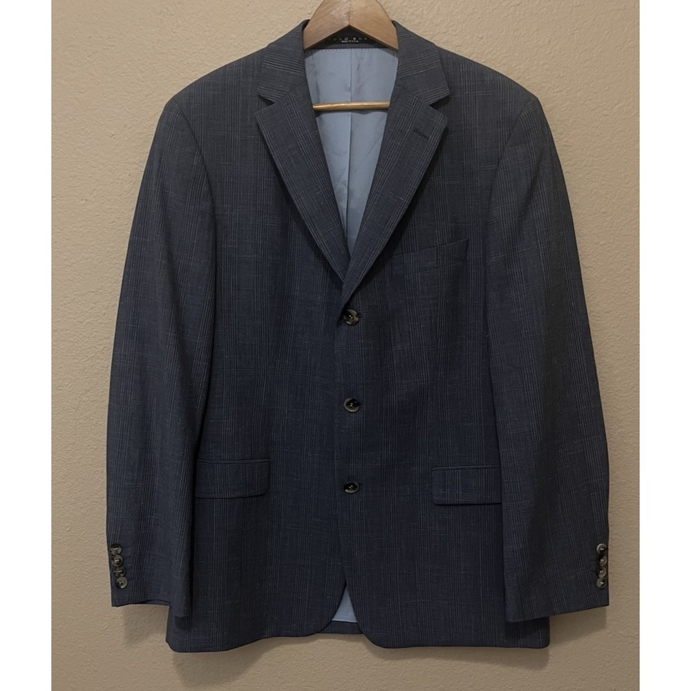 Hugo Boss Rossellini 40R Gray Plaid Wool Linen USA Vintage Sport Coat Jacket